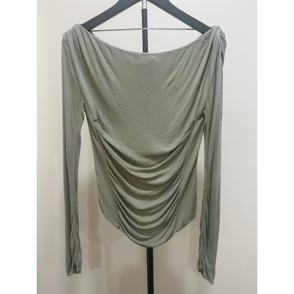 Intimately Free People Ruched Long Sleeve Top Sage Green Ribbed Boat Neck XS